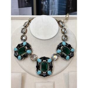 J.Crew Emerald Faux Turquoise And Rhinestone Gold Tone Marie Antoinette Necklace